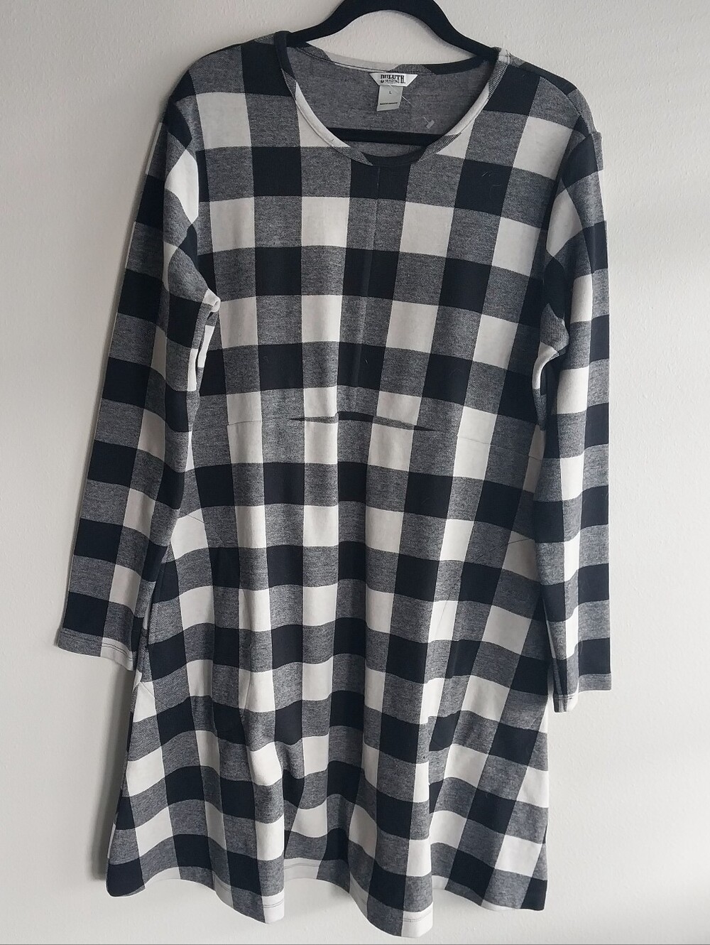 Duluth Trading Co. Black & White Buffalo Plaid Long Sleeve A-Line Midi Dress